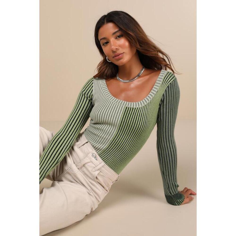 NWOT Lulus Mod Cutie Green Color Block Ribbed Long Sleeve Bodysuit - Size M